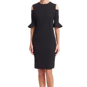 Teri Jon by Rickie Freeman Black Cold-Shoulder Bell-Sleeve Sheath Dress Size 6